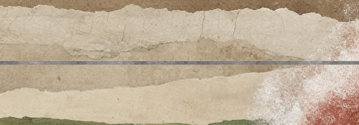 Conceptual paper-cut collage of layered brown soil and pale clay strata crossed by a thin grey survey line, with red and white powder-like texture over a band of green field below
