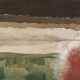 Conceptual paper-cut collage of layered brown soil and pale clay strata crossed by a thin grey survey line, with red and white powder-like texture over a band of green field below