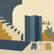 Cut-paper collage of geometric steps, an opaque folded screen, wall hooks and shoe silhouettes in blue, cream and ochre.