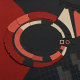Abstract paper collage of a circular track, three geometric markers, stage-light arcs and an overhead grid