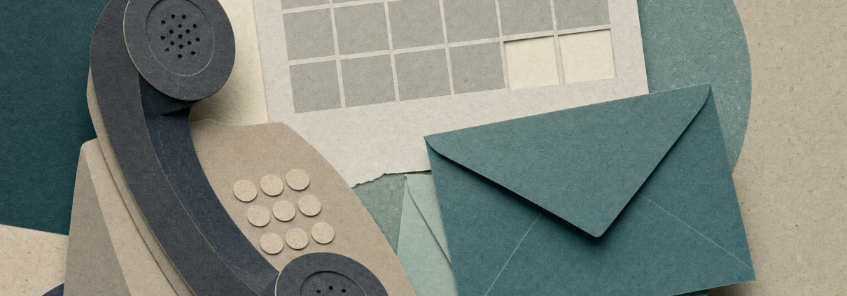 Conceptual paper-cut collage of a telephone handset on a receiver base, a pale grey calendar grid with two empty cells, and stacked teal envelopes with a dotted line trailing off one edge