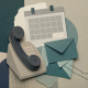 Conceptual paper-cut collage of a telephone handset on a receiver base, a pale grey calendar grid with two empty cells, and stacked teal envelopes with a dotted line trailing off one edge